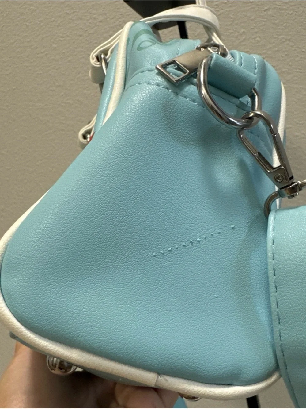 Von Dutch Light Blue Mini Satchel with White Handles and Red Logo
